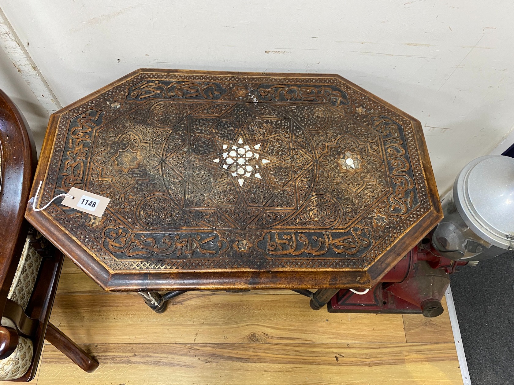 A Syrian carved wood and mother-of-pearl inlaid occasional table, early 20th century, height 78.5cm, width 72cm, depth 45cm